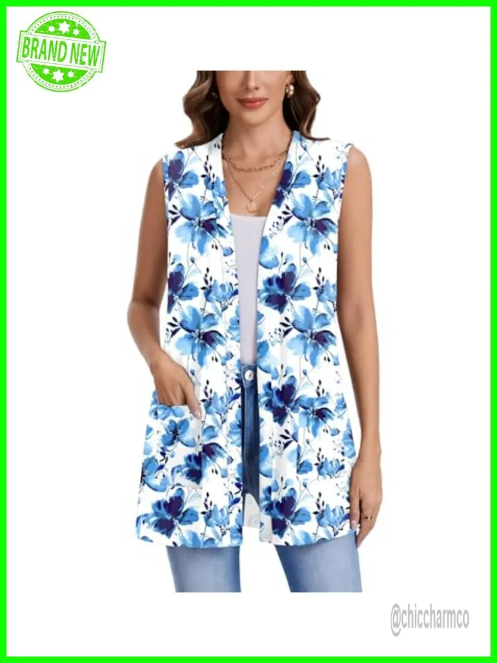 Sleeveless Cardigan Knit Open Front Vest with Pockets 95% Polyester 5% Spandex